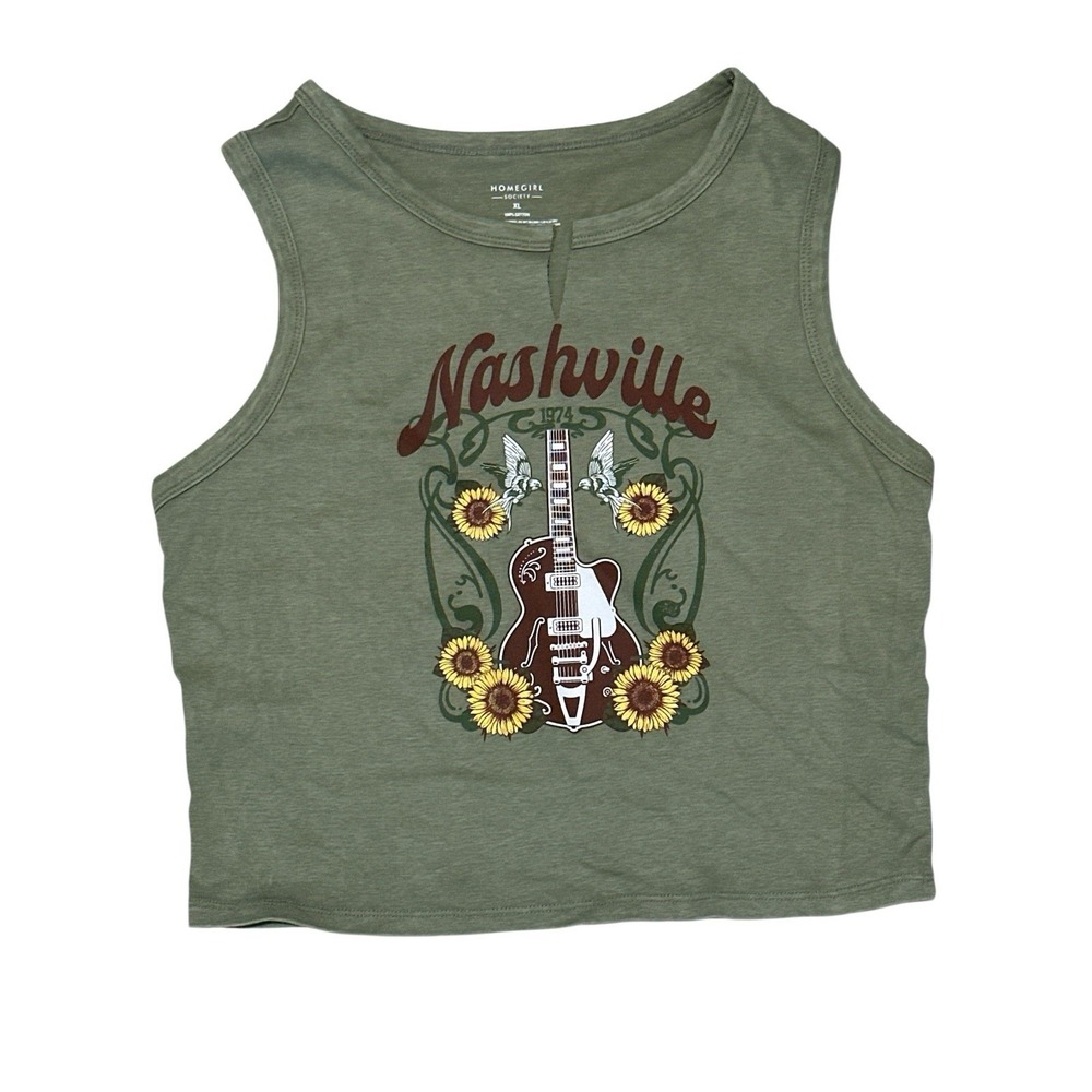 Homegirl Society Nashville Guitar/Sunflower Green Crop Top Tank Women's Size XL